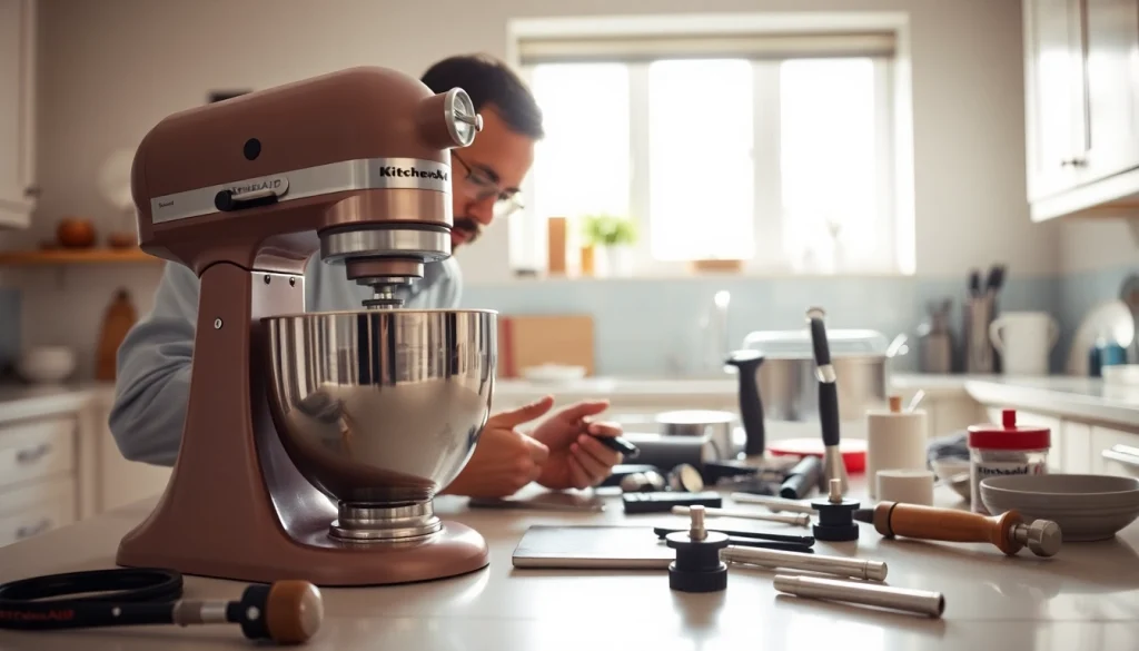 Kitchenaid appliance repair ottawa with a technician working on a KitchenAid mixer in a bright kitchen.
