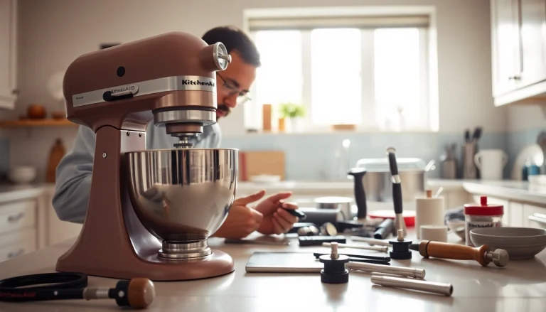 Kitchenaid appliance repair ottawa with a technician working on a KitchenAid mixer in a bright kitchen.