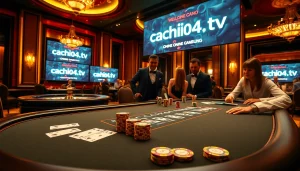 Gamble and win big at cakhia04.tv with an exciting casino scene featuring poker tables and roulette wheels.