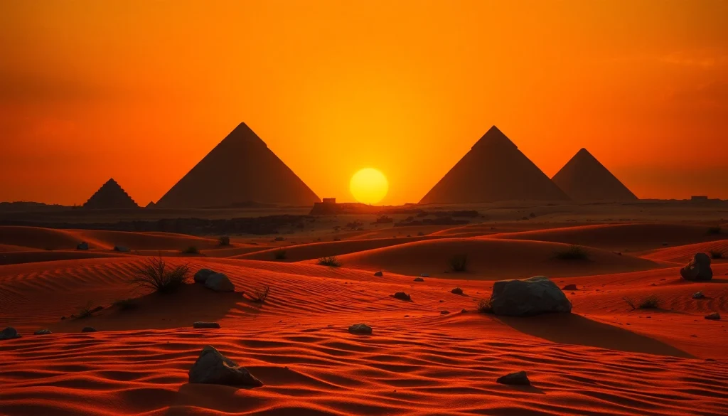 Piraminds of Giza illuminated by sunset, showcasing their grandeur and ancient beauty.
