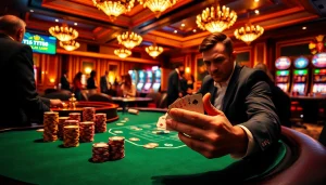 Experience the excitement of TT88 in this luxurious casino scene with vibrant poker tables and roulette wheels.