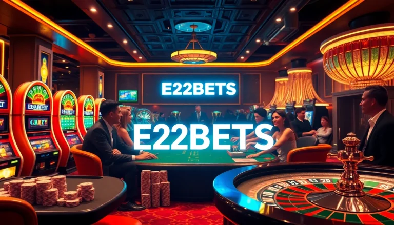 E2BETS highlights a luxurious casino environment with engaging players at poker tables and stunning slot machines.