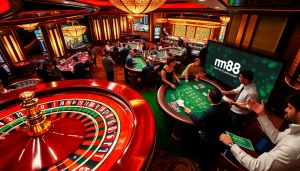 Experience high-stakes gaming at mm88 casino with vibrant roulette and engaged players.