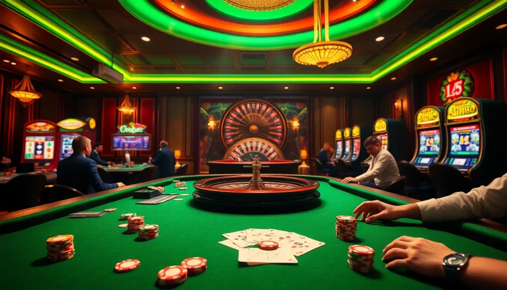 Play exciting games at Oxplay's vibrant casino tables with roulette wheels and slot machines.