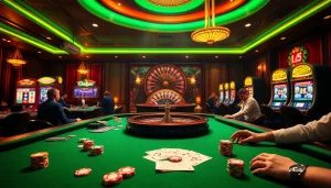 Play exciting games at Oxplay's vibrant casino tables with roulette wheels and slot machines.