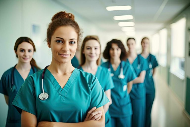 portrait-medical-and-a-woman-nurse-arms-crossed-standing-with-her-team-in-the-hospital-for-healthcare-ai-generated-free-photo