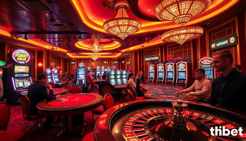 Gambling at a luxurious casino featuring thabet-themed tables and vibrant slot machines.
