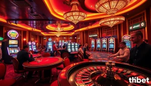 Gambling at a luxurious casino featuring thabet-themed tables and vibrant slot machines.