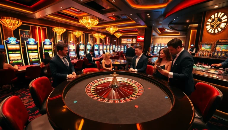 Players enjoying the excitement at mu88 casino's glamorous roulette table amidst vibrant casino decor.