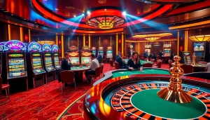 A vibrant casino scene with slot machines and poker tables representing nhà cái WN678's gambling excitement.