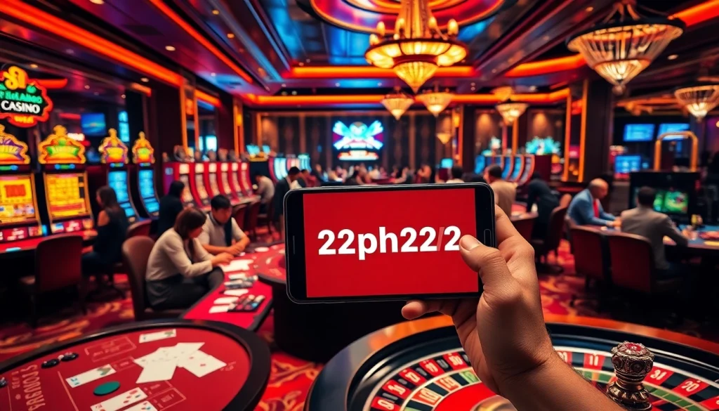 The action at https://www.2ph222.com/ features vibrant casino games with players engaged at poker tables and slot machines.