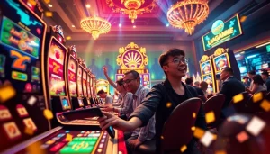 LAGAGAME77 gaming excitement with vibrant slots, engaging graphics, and enthusiastic players.