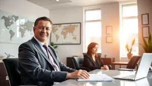 Immigration lawyer Brisbane consulting clients in a professional office setting.