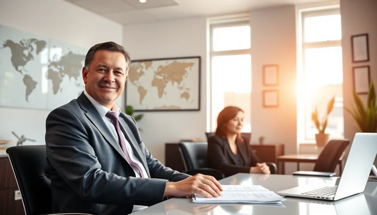 Immigration lawyer Brisbane consulting clients in a professional office setting.