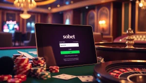 Engaging sbobet login scene with poker chips and cards, capturing the essence of online gambling.