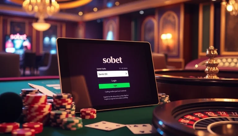Engaging sbobet login scene with poker chips and cards, capturing the essence of online gambling.