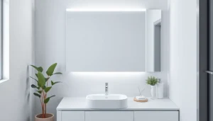 Stylish bathroom mirror with LED light illuminating a modern space for enhanced visibility.