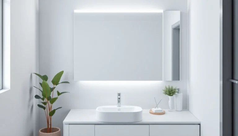 Stylish bathroom mirror with LED light illuminating a modern space for enhanced visibility.