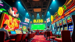BJ38 online gaming scene showcasing exciting rooster fights and casino games.