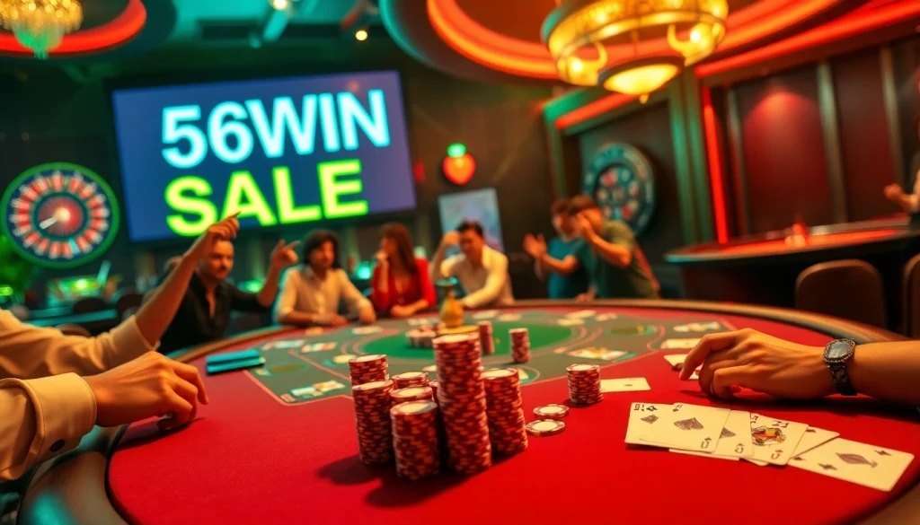 Experience the thrilling excitement of the 56WIN SALE at a luxurious high-stakes poker game.