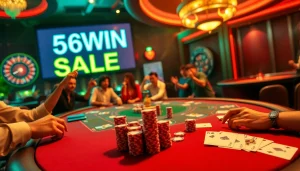 Experience the thrilling excitement of the 56WIN SALE at a luxurious high-stakes poker game.