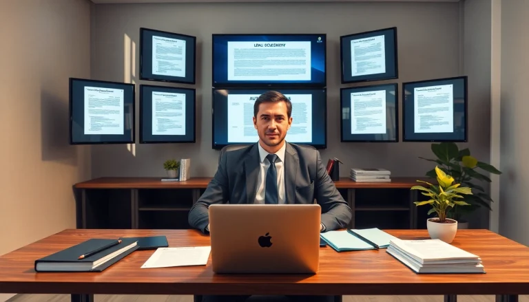 Automated Legal Notice Generation displayed through a professional legal setting with digital documents.