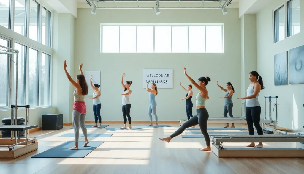 台東区のピラティスクラス。さまざまな参加者が多様なエクササイズに取り組む様子を捉え、明るく居心地の良いスタジオの雰囲気を伝えています。