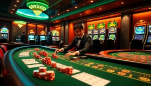 Experience thrilling betting action at GavB79 with sophisticated casino visuals showcasing lively gambling elements.