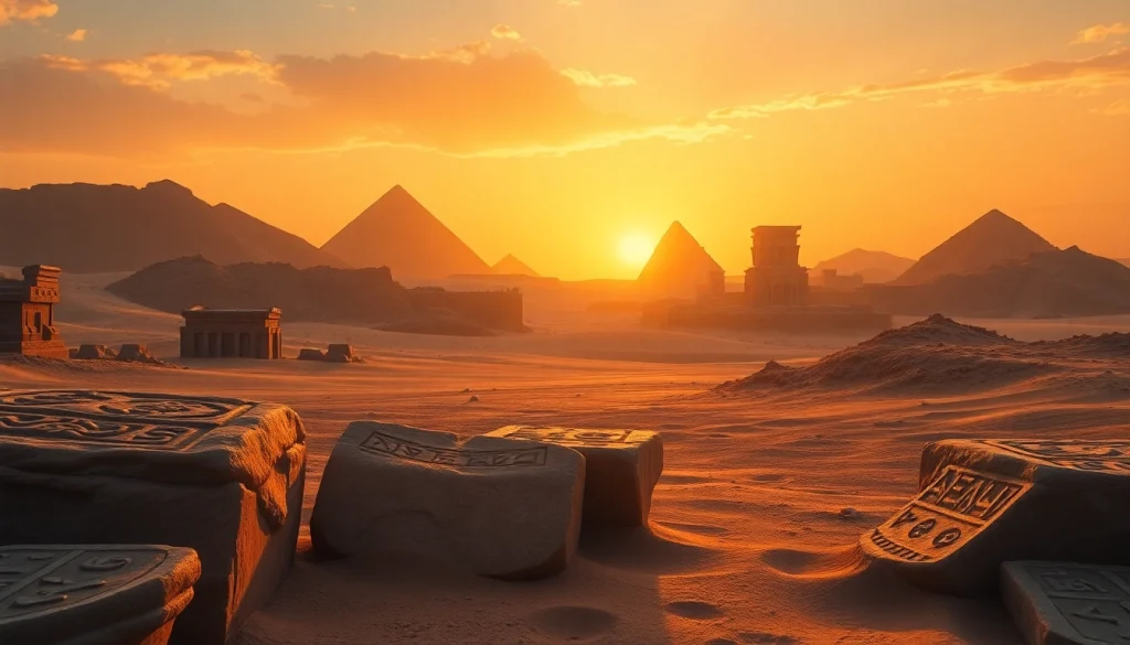 Explore the ancient piraminds with intricately carved stones and a stunning sunset backdrop.