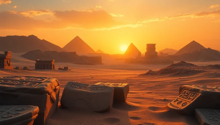 Explore the ancient piraminds with intricately carved stones and a stunning sunset backdrop.