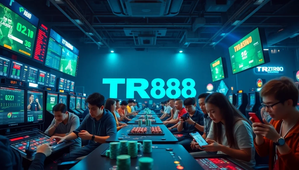 TR88 gaming scene showing diverse players engaged in online betting activities with vibrant digital elements.