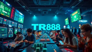 TR88 gaming scene showing diverse players engaged in online betting activities with vibrant digital elements.