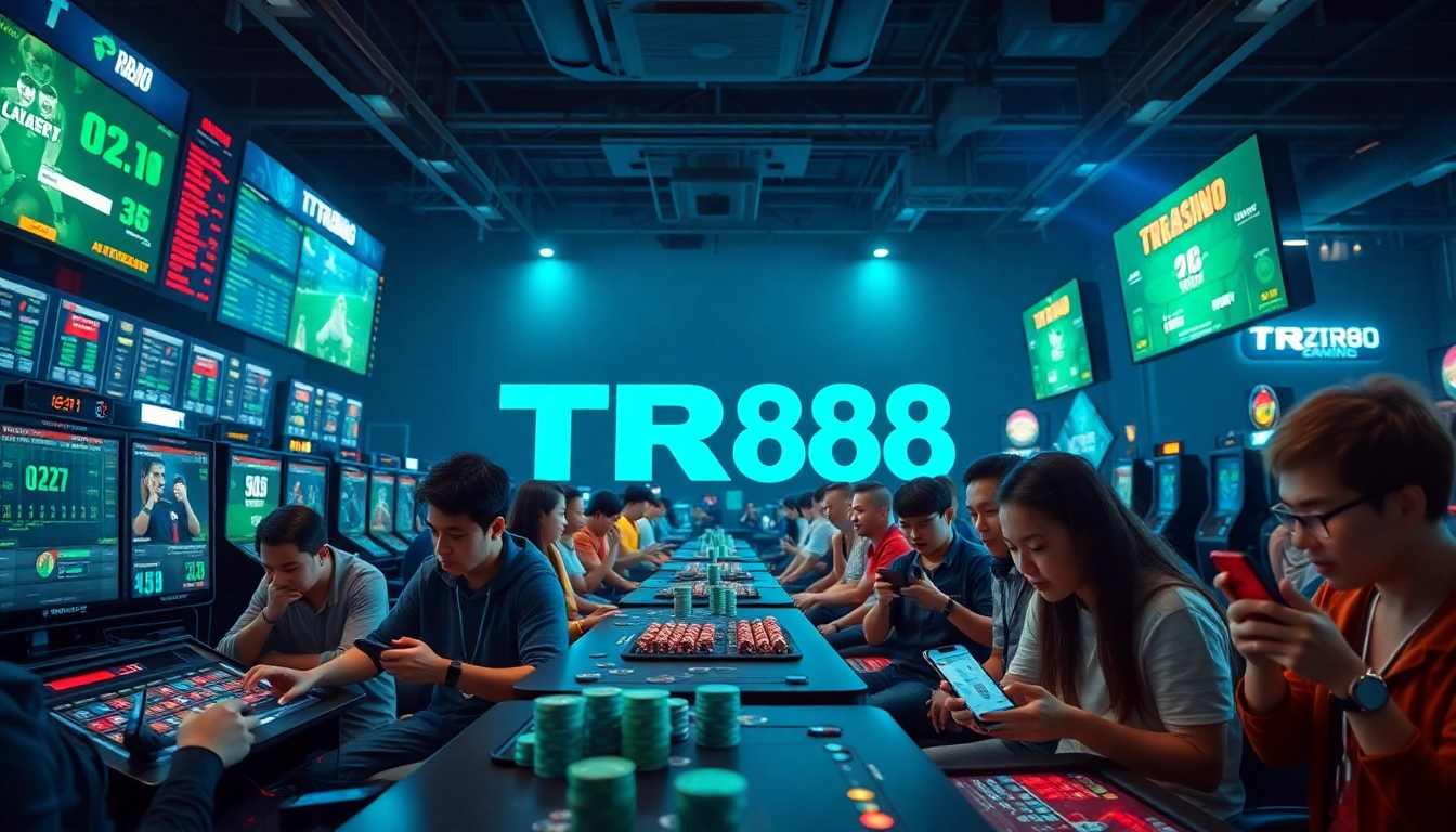 TR88 gaming scene showing diverse players engaged in online betting activities with vibrant digital elements.