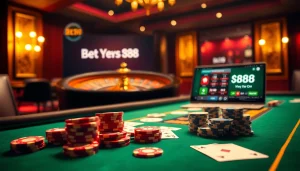 Engage in high-stakes gambling at Bet88 with vibrant casino elements including poker chips and a roulette wheel.