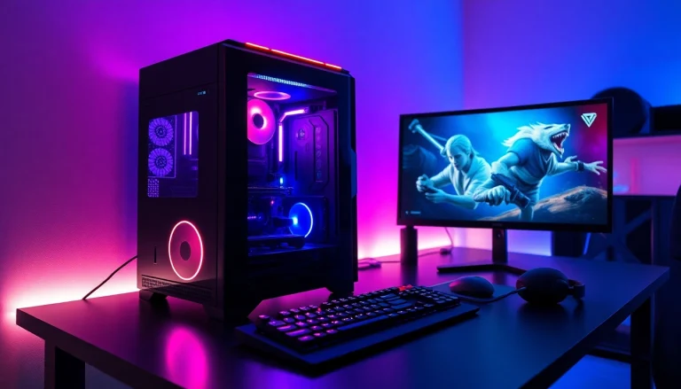 Beeindruckendes Gaming-PC-Setup, das den Gaming-PC-Ankauf-Prozess hervorhebt, mit RGB-Beleuchtung und zwei Monitoren.