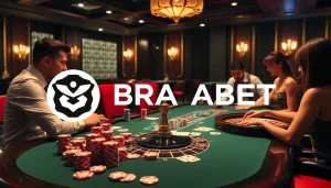 Engaging players at a luxurious BRABET casino table with poker chips and cards.