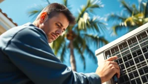 AC Repair Tampa FL: Skilled technician servicing an outdoor air conditioning unit in vibrant Tampa.