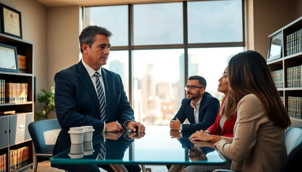 Eminent domain lawyer discussing legal options with clients in a professional office setting.