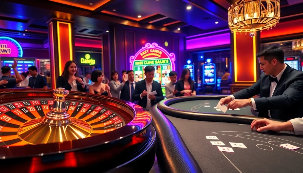 Rasakan datukwin di kasino yang meriah dengan roulette, kartu, dan pemain yang antusias.