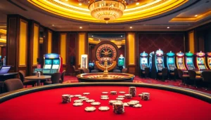 Exciting scene of gambling at thabet77org with poker chips and roulette wheel.