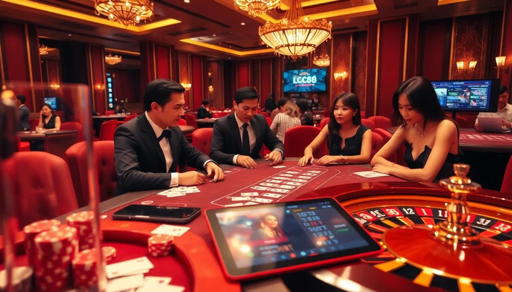 Experience the thrill of gaming at LC88 with vibrant casino tables and players engaged in intense poker.