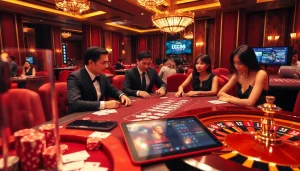 Experience the thrill of gaming at LC88 with vibrant casino tables and players engaged in intense poker.