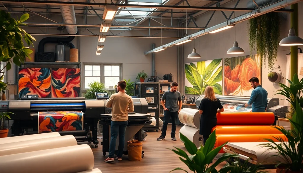 Taller de impresión de vinilos de alta calidad con profesionales imprimiendo y aplicando gráficos de vinilo personalizados.