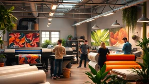 Taller de impresión de vinilos de alta calidad con profesionales imprimiendo y aplicando gráficos de vinilo personalizados.