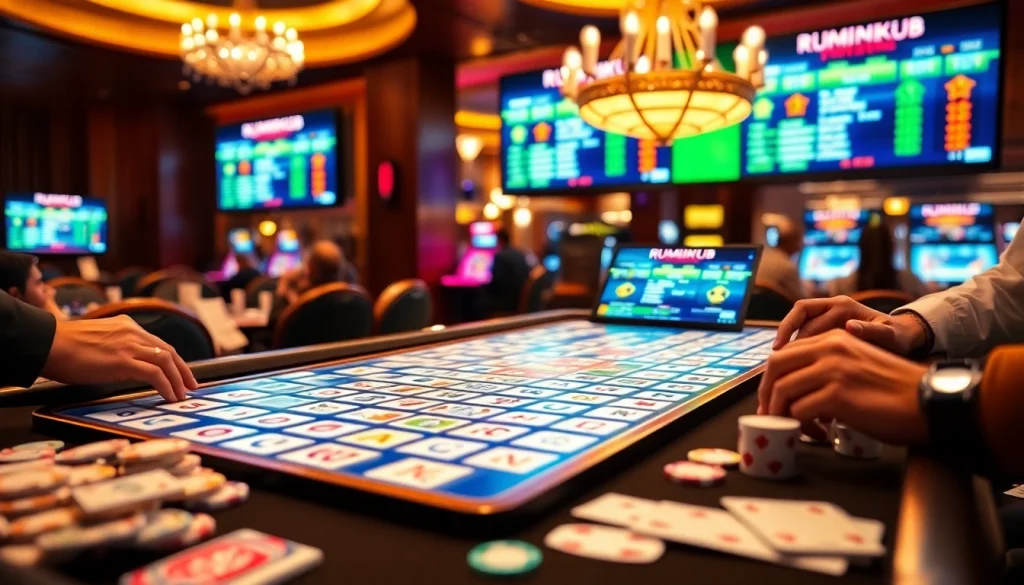 Intense players engaging in רמיקוב אונליין at a luxurious casino table with colorful tiles and game interfaces.