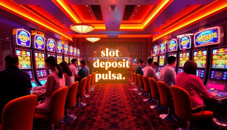 Pemain menikmati permainan slot deposit pulsa dalam suasana kasino mewah penuh mesin slot berwarna-warni.