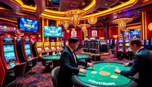 Winstrike69 slot machines and poker tables showcasing a vibrant casino atmosphere for gamblers.