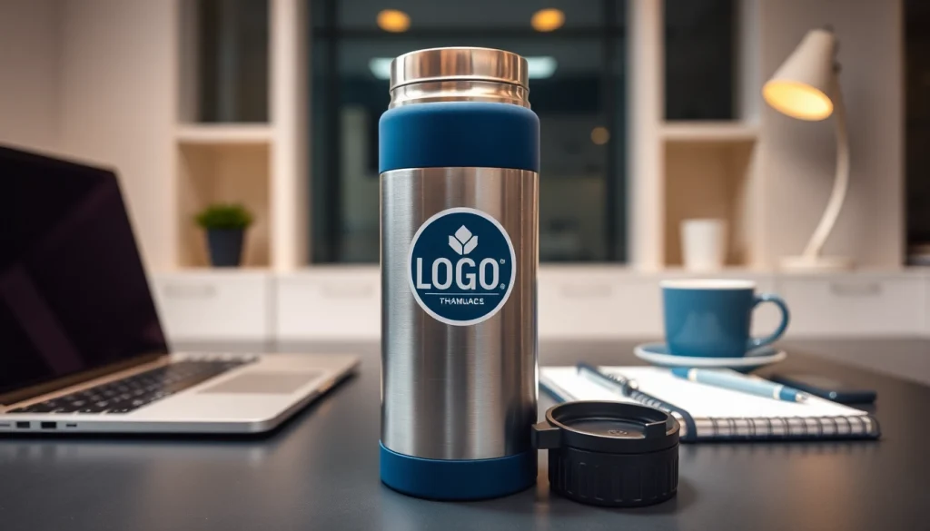 Termosai su logotipu rodomi modernioje darbo erdvėje, atspindintys profesionalumą.