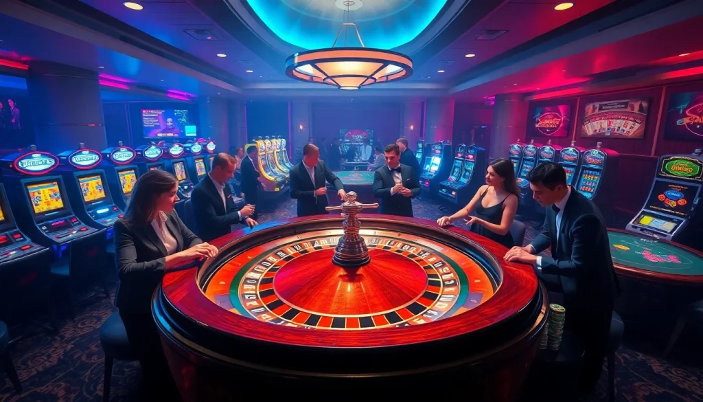 Exciting gambling scene at THABET casino with roulette and poker tables.