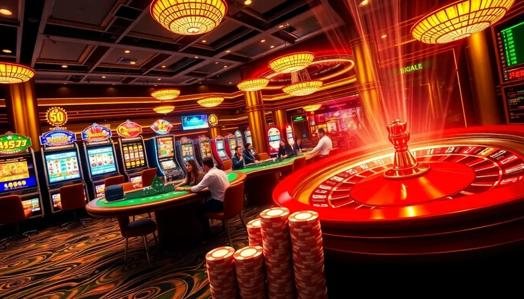 Tobet88 players engaging at a lively casino table, surrounded by vibrant gaming elements.